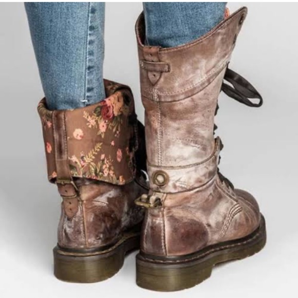 Dr. Martens Triumph Foldover Boots Distress Brown Leather Floral Cottagecore - Picture 2 of 15